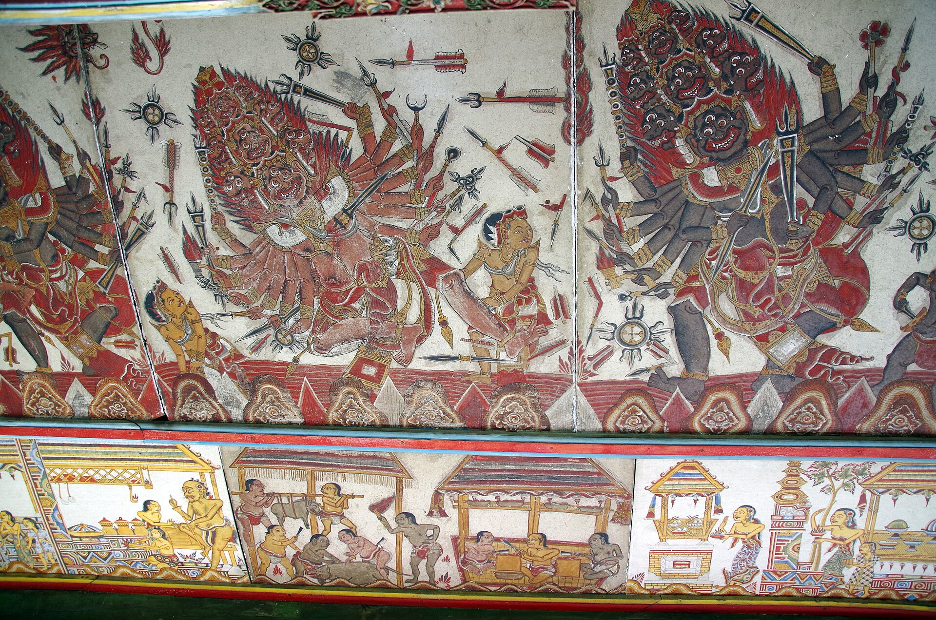 Panel lukisan wayang berwarna di langit-langit Kertha Gosa